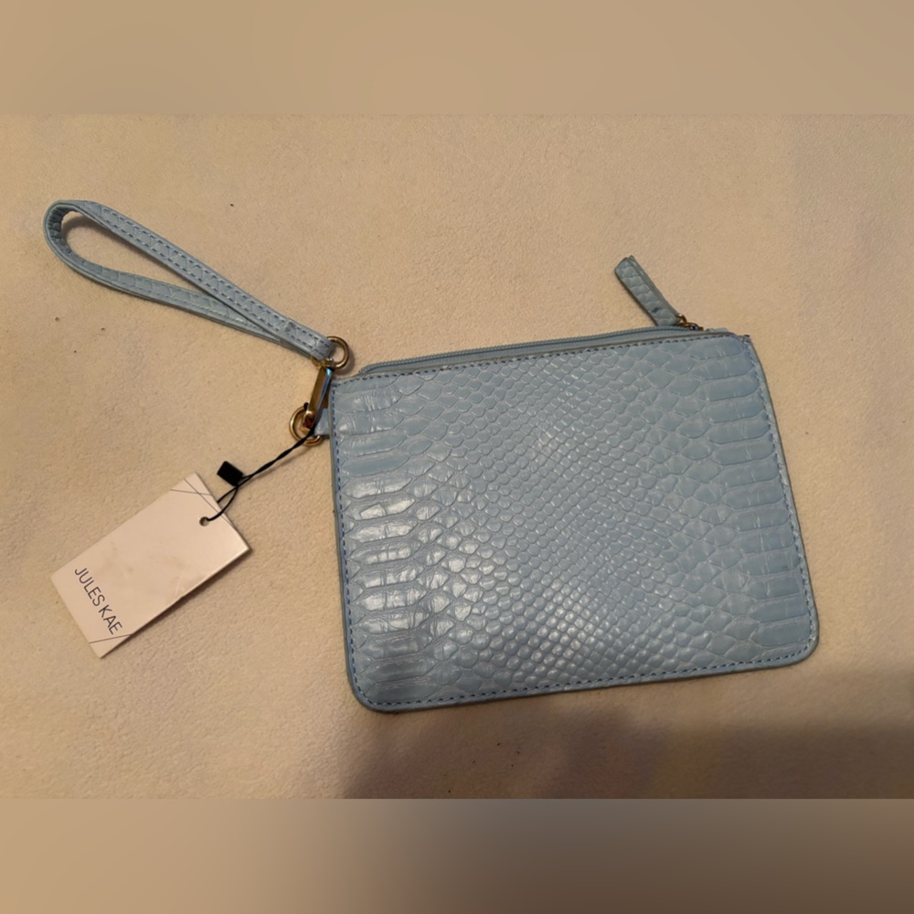 NWT..JULES KAE Aqua snake leather wristlet.